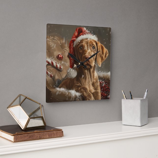 Reloj Cuadrado Festividad de los Navidades de perro de Vizsla (Oficina)