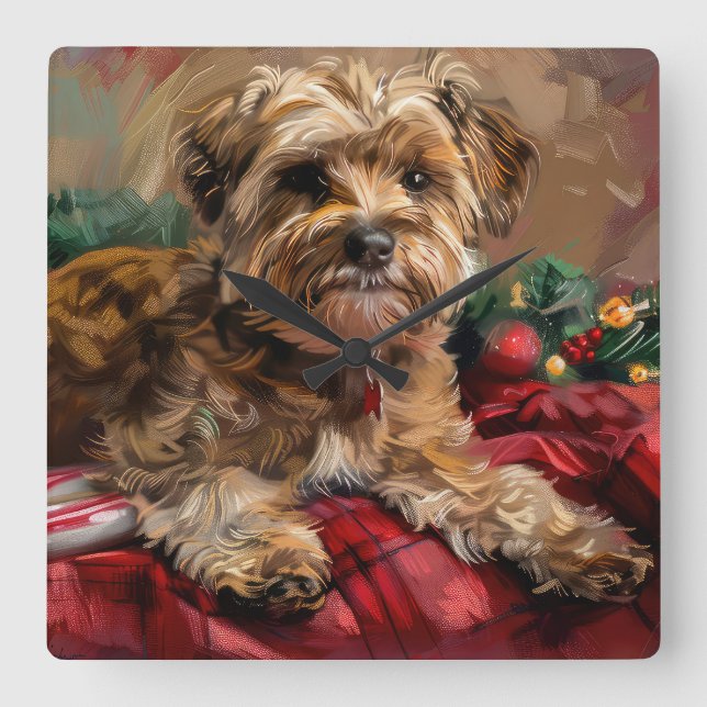 Reloj Cuadrado Festividad de Navidades de perro de Yorkipoo (Anverso)