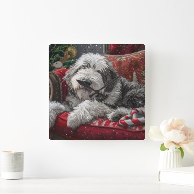 Reloj Cuadrado Festividad de Navidades de Sheepdog ingleses viejo (Hogar)