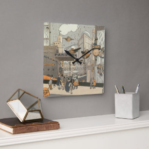 Reloj Cuadrado Ficción científica urbana vintage París, Steam Pun