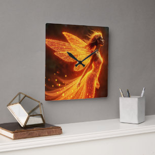 Reloj Cuadrado Fiery hada chica alas rojas brillantes lindo neón 