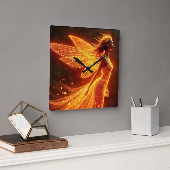 Reloj Cuadrado Fiery hada chica alas rojas brillantes lindo neón  (Oficina)