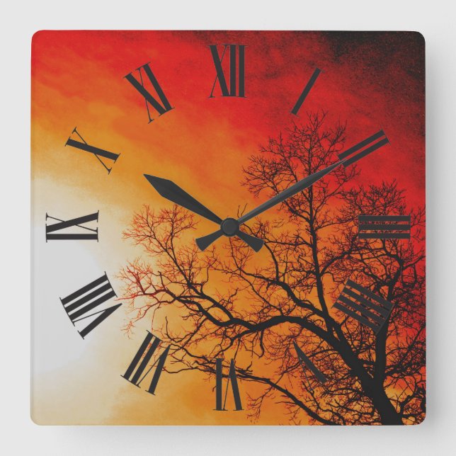 Reloj Cuadrado Fiery Sunset & Tree Brands Nature Art (Anverso)