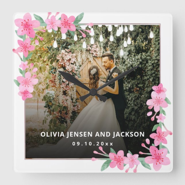 Reloj Cuadrado Fiesta de bienvenida boda del marco dorado con flo (Anverso)