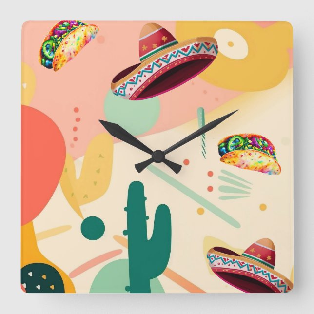 Reloj Cuadrado Fiesta de Taco y Sombrero (Anverso)