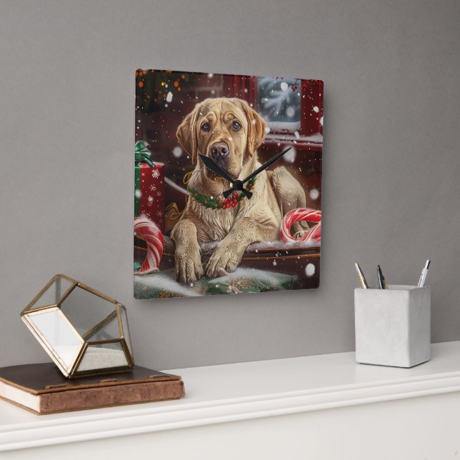 Reloj Cuadrado Fiesta Navideña del Perro Labrador (Oficina)
