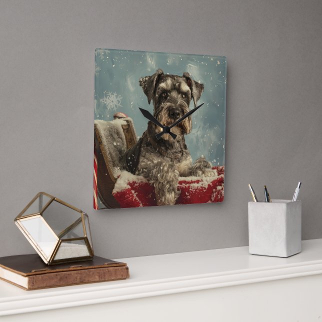 Reloj Cuadrado Fiesta Navideña del Perro Schnauzer (Oficina)