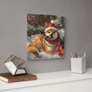 Reloj Cuadrado Fiesta Navideña del Perro Shiba Inu