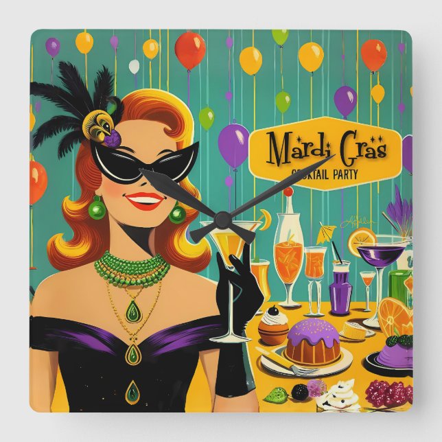 Reloj Cuadrado Fiesta Retro de Cocktail Mardi Gras de los 50 (Anverso)