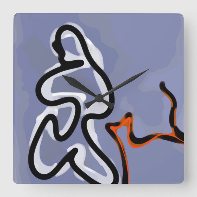 Reloj Cuadrado Figura con Línea: Azul abstracto, Naranja, B y W (Anverso)