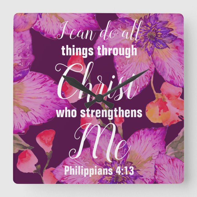 Reloj Cuadrado Filipinas 4:13 Biblia Verse Floral (Anverso)