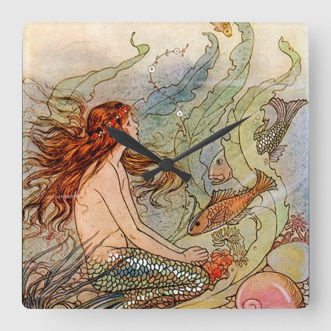 Reloj Cuadrado Fine Art Mermaid Ilustration Poster (Anverso)