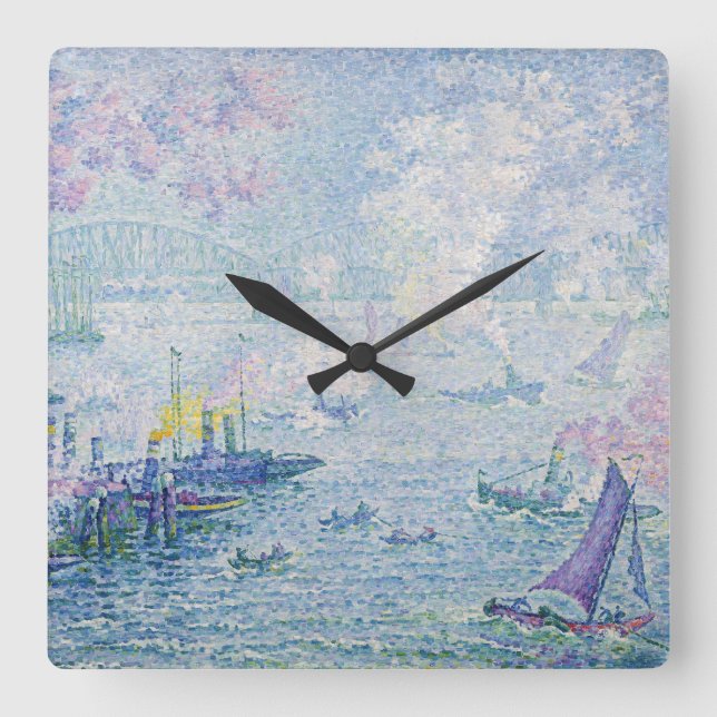 Reloj Cuadrado Fine Art Painting Sea Port Ships Bridge Light Blue (Anverso)