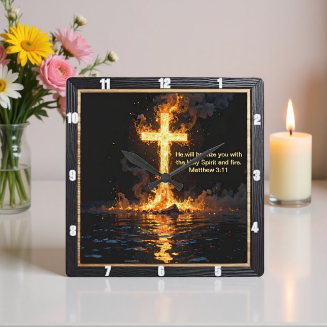 Reloj Cuadrado Fire Smoke Cross Baptism Spirit Matthew 3:11 (Subido por el creador)