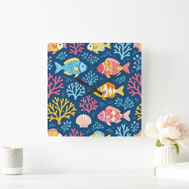 Reloj Cuadrado Fish and coral nautical blue (Hogar)