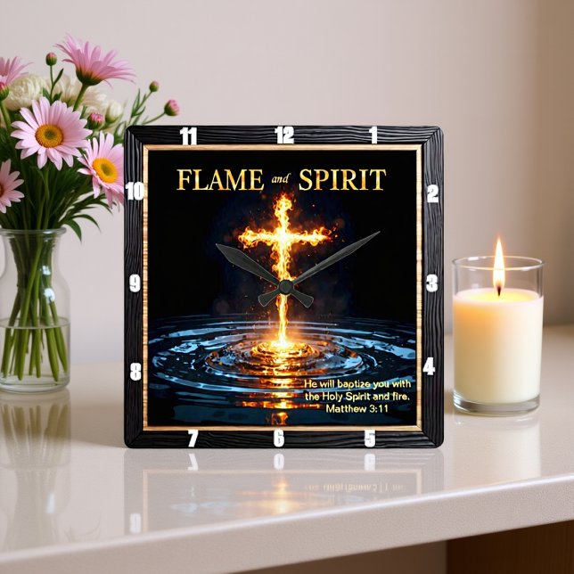 Reloj Cuadrado Flame Cross Water Spirit Baptism Matthew 3:11 (Subido por el creador)