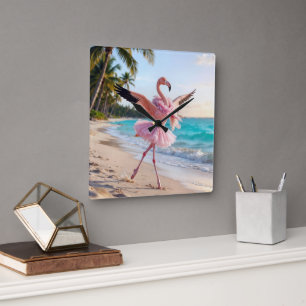 Reloj Cuadrado Flamenco Bailarina con Tutú Rosa en la Playa