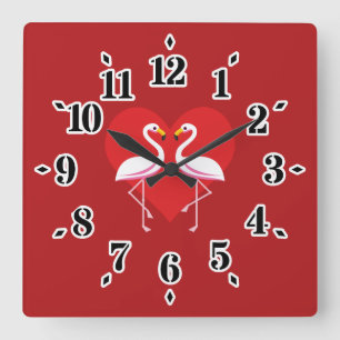 Reloj Cuadrado Flamencos blancos rosados con corazón rojo