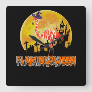 Reloj Cuadrado Flamencos   Flamingoween Funny Witch Halloween