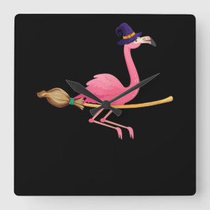 Reloj Cuadrado Flamencos   Halloween de Brujas Flamingo divertida
