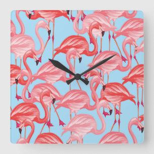 Reloj Cuadrado Flamencos rosados brillantes en azul