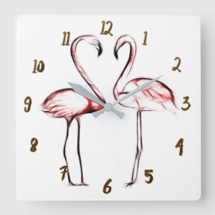 Reloj Cuadrado Flamencos Rosados Melocotón Tropicales