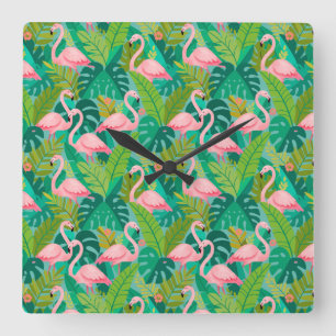 Reloj Cuadrado Flamencos rosados tropicales follaje de la selva