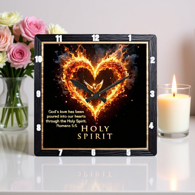 Reloj Cuadrado Flaming Heart Dove Holy Spirit Romans 5:5 (Subido por el creador)