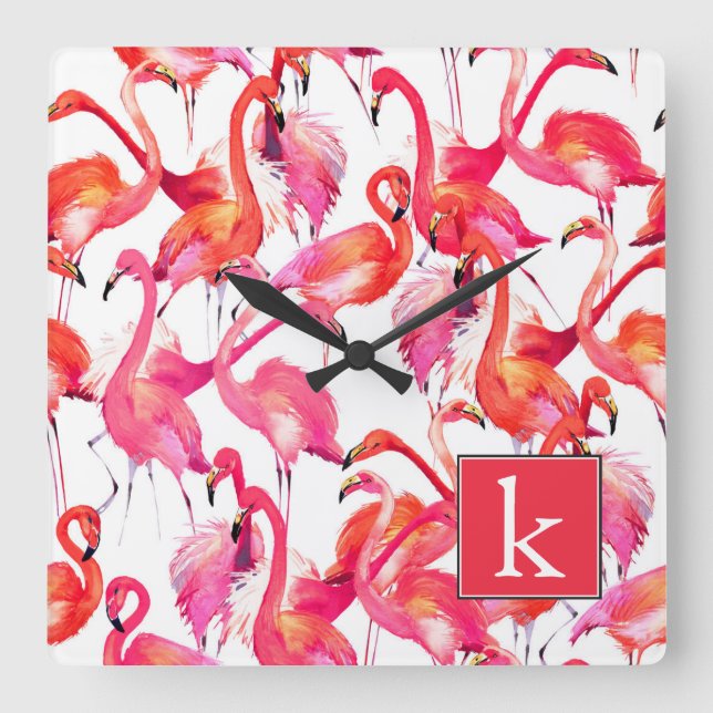 Reloj Cuadrado Flamingo acuático en acuarelas | Añadir su nombre (Anverso)
