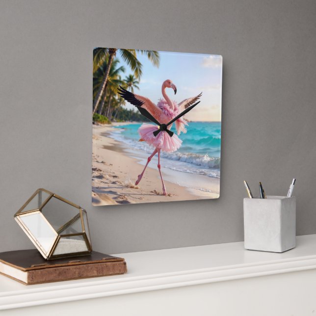Reloj Cuadrado Flamingo Ballerina In a Pink Tutu On the Beach (Oficina)