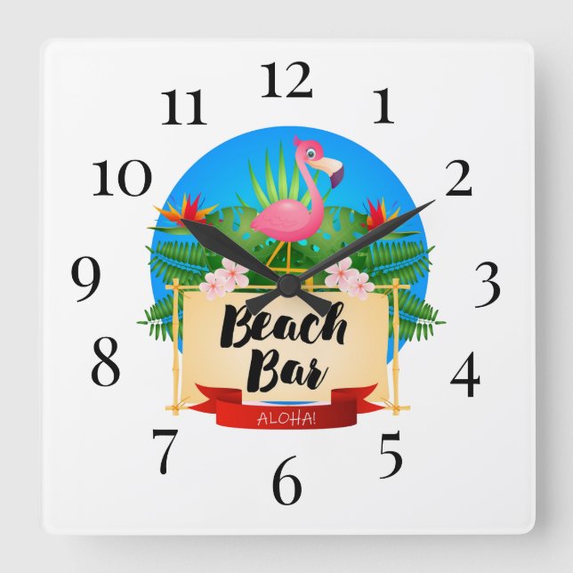 Reloj Cuadrado Flamingo Beach Bar Square Wall Clock (Anverso)
