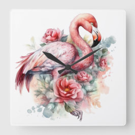 Reloj Cuadrado FLAMINGO DE COLOR DE AGUA DE bonito CON FLORES