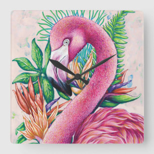 Reloj Cuadrado Flamingo Floral Hawaiano Funny Cute Wall Clock