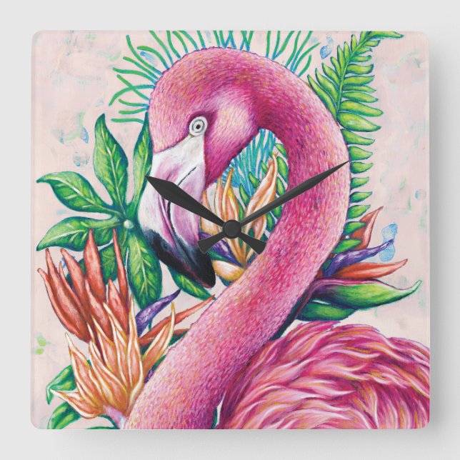 Reloj Cuadrado Flamingo Floral Hawaiano Funny Cute Wall Clock (Anverso)
