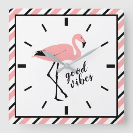Reloj Cuadrado Flamingo Good Vibes Pink Black Square Wall Clock