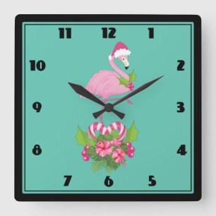Reloj Cuadrado Flamingo rosa en Santa Hat Navidades caprichosos
