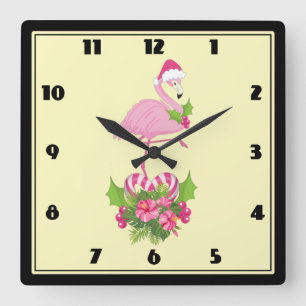 Reloj Cuadrado Flamingo rosa en Santa Hat Navidades caprichosos