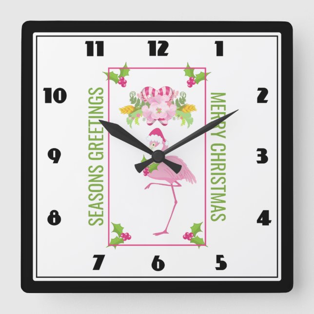 Reloj Cuadrado Flamingo rosado Santa Hat Candy y Holly (Anverso)