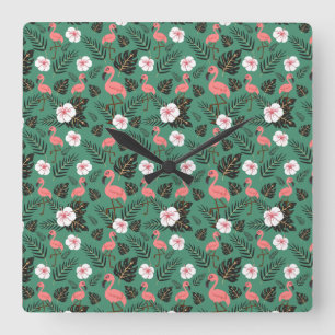 Reloj Cuadrado Flamingo seamless pattern pink on green background