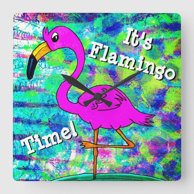 Reloj Cuadrado Flamingo Wall Clock Es Flamingo Time! (Anverso)