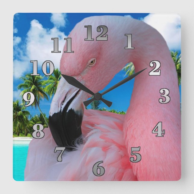 Reloj Cuadrado Flamingo y playa (Anverso)