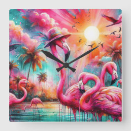 Reloj Cuadrado Flamingos rosados tropicales Palmeras Agua Verde a