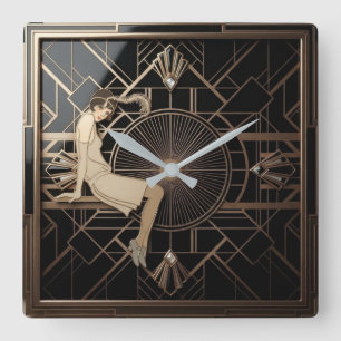 Reloj Cuadrado Flapper Girl Art Deco Luxury Black Gold Vintage
