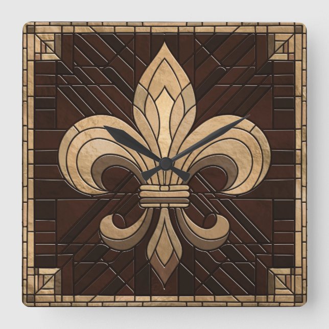 Reloj Cuadrado Fleur-de-lis - Arte de mosaico de vidrio manchado (Anverso)