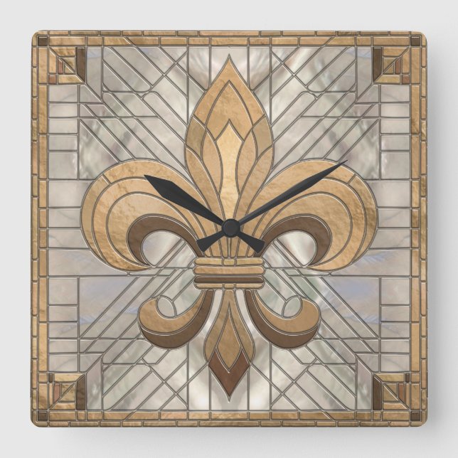 Reloj Cuadrado Fleur-de-lis - Arte de mosaico de vidrio manchado (Anverso)