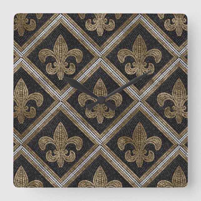 Reloj Cuadrado Fleur-de-lis mosaic tile pattern black and gold (Anverso)