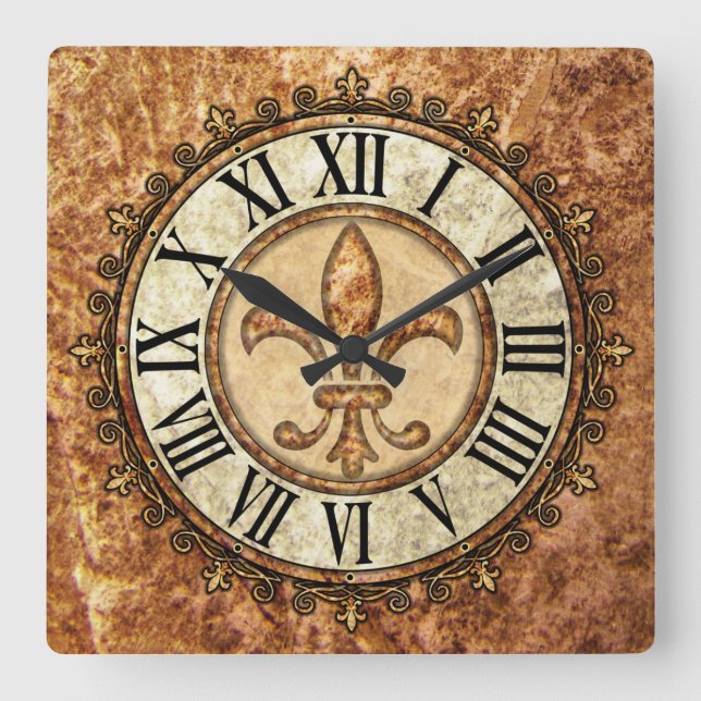 Reloj Cuadrado Fleur-de-lis | Números romanos Fondo antiguo (Anverso)