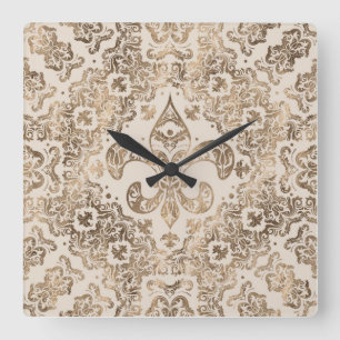 Reloj Cuadrado Fleur-de-lis Ornament - dorado pastel