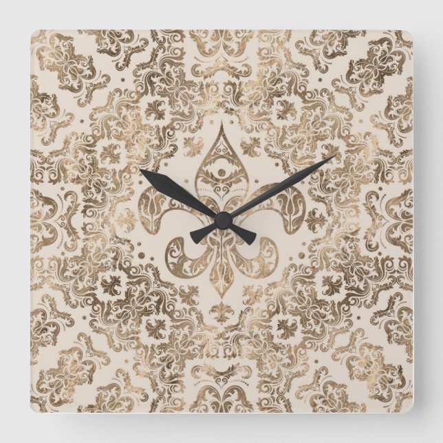 Reloj Cuadrado Fleur-de-lis Ornament - oro pastel (Anverso)