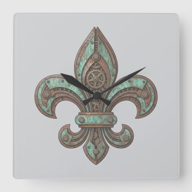 Reloj Cuadrado Fleur-de-Lis Steampunk Engranajes Industriales eng (Anverso)